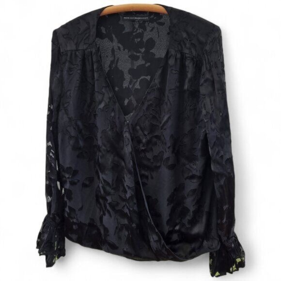 White House Black Market Tops - White House Black Market Floral Burnout Surplice Wrap Blouse Sheer Bell Sleeve